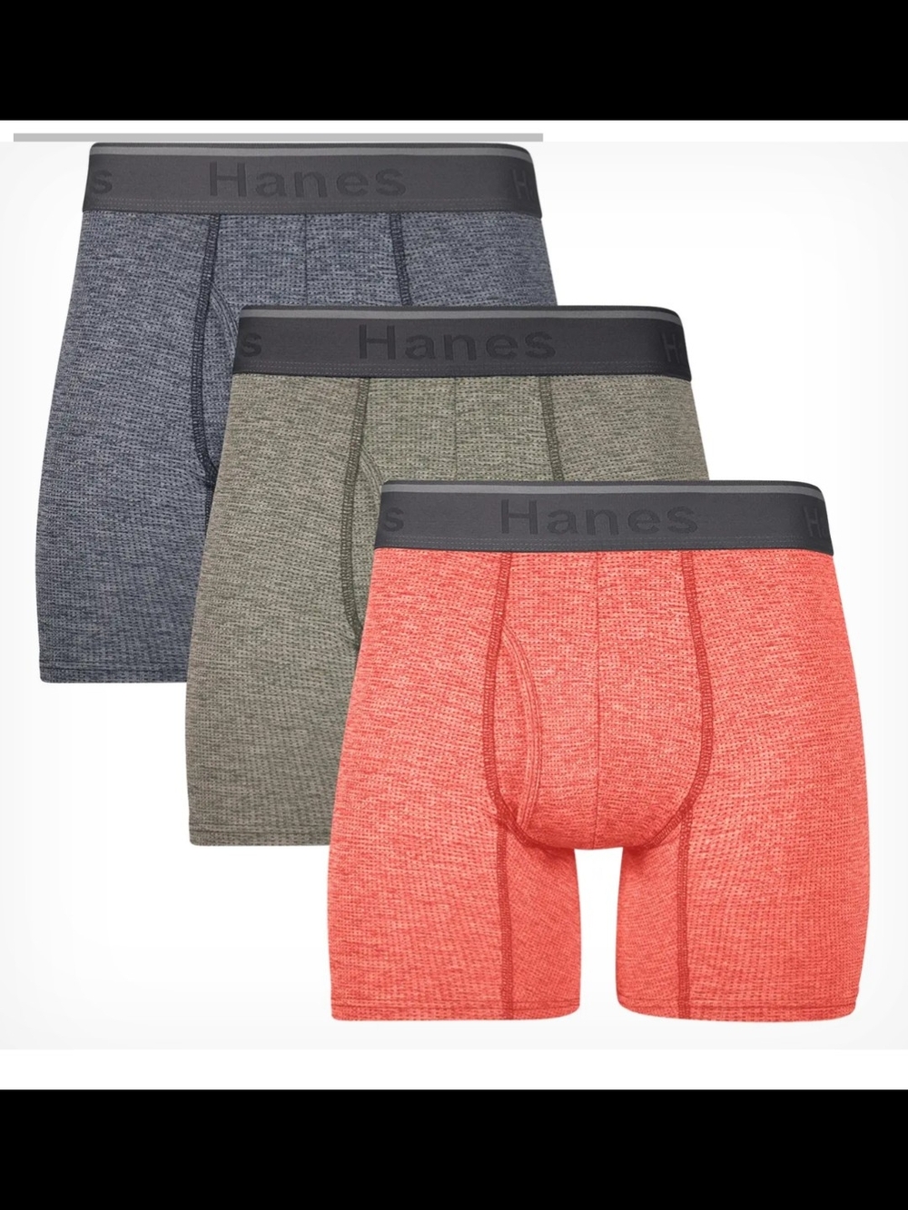 Hanes 3-Pack Boxer Briefs in Coral, Olive, and Slate with Black Waistband